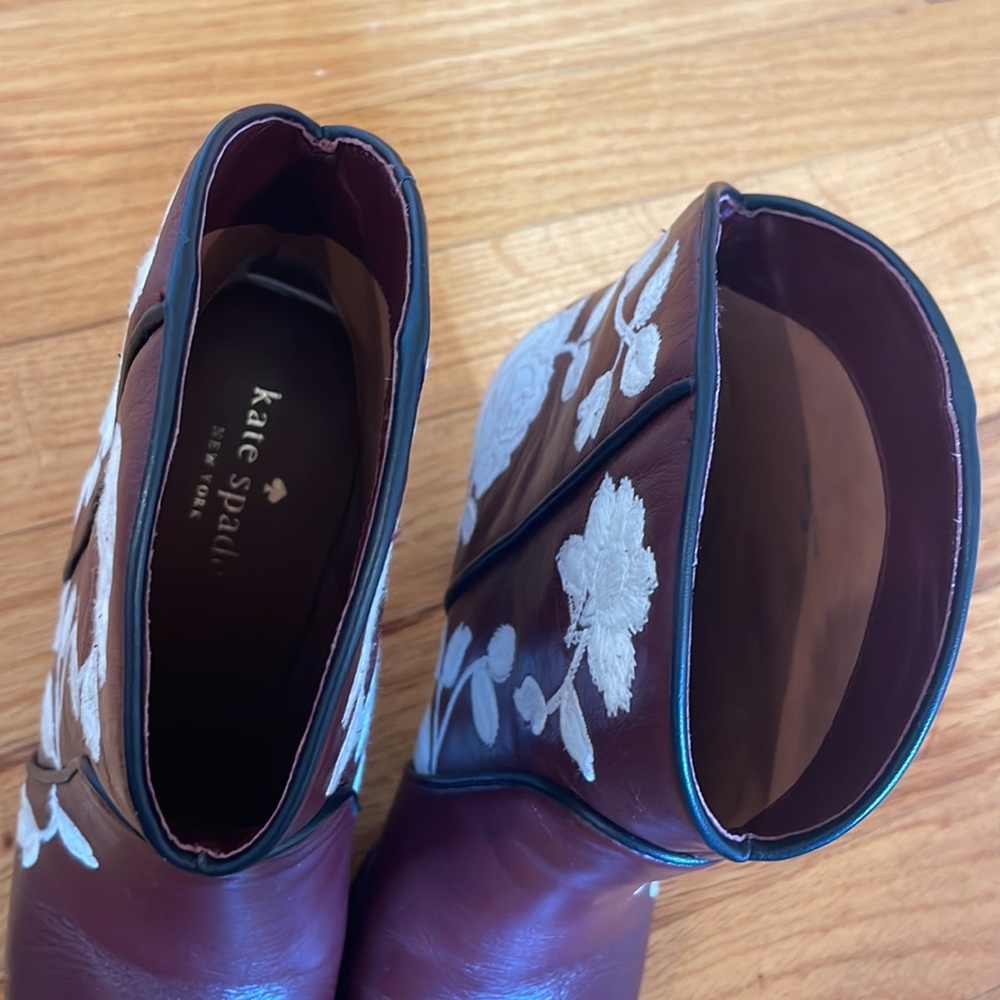 Kate Spade Burgundy Leather Ankle Boots with White Floral Embroidery - Picture 9 of 16